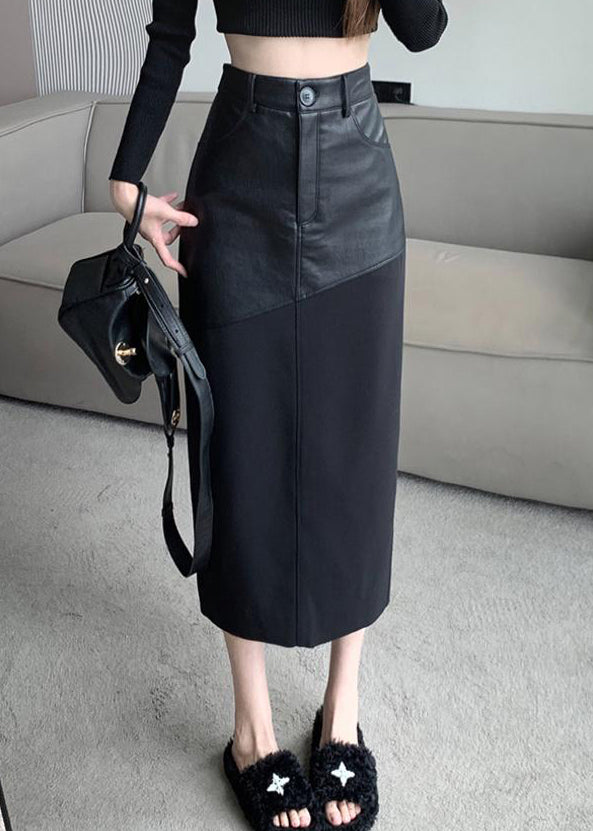 Slim Fit Black Back Side Open Faux Leather Patchwork Skirts Summer
