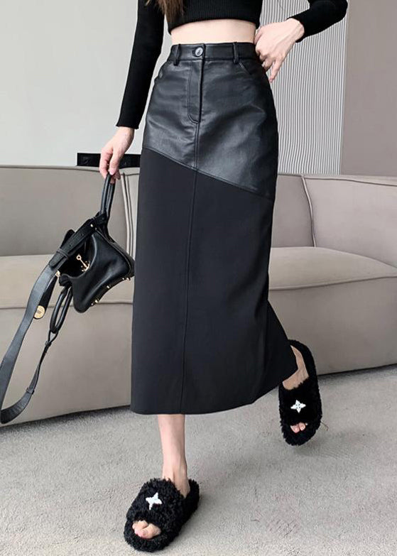 Slim Fit Black Back Side Open Faux Leather Patchwork Skirts Summer