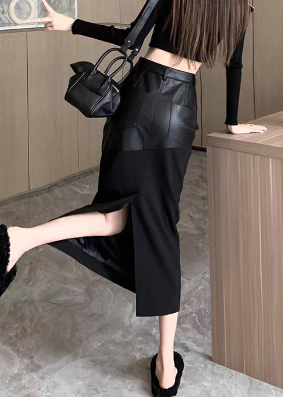 Slim Fit Black Back Side Open Faux Leather Patchwork Skirts Summer