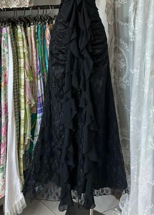 Slim Fit Black Backless Ruffled Lace Long Dress Sleeveless