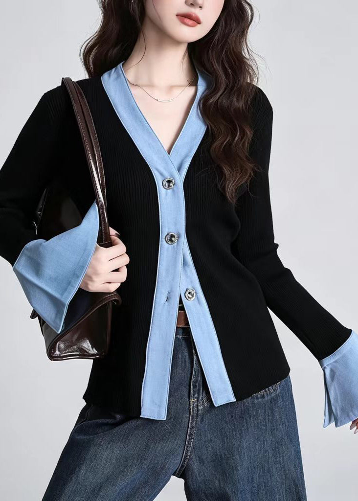 Slim Fit Black Blue V Neck Patchwork Knit Cardigan Fall