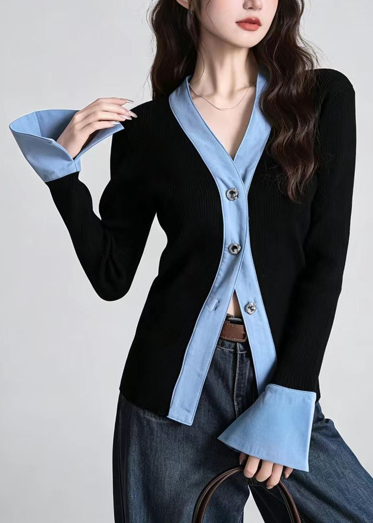 Slim Fit Black Blue V Neck Patchwork Knit Cardigan Fall