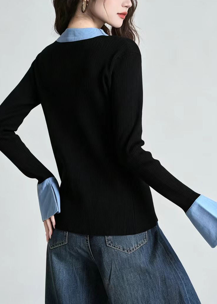 Slim Fit Black Blue V Neck Patchwork Knit Cardigan Fall