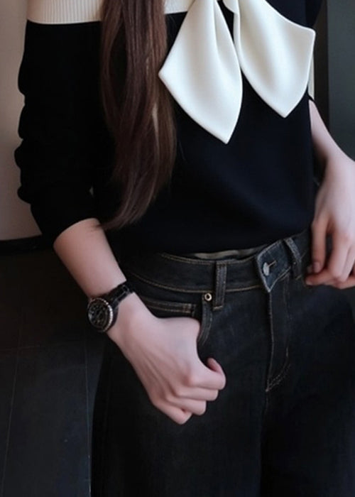 Slim Fit Black Bow Patchwork Knit Sweaters Winter