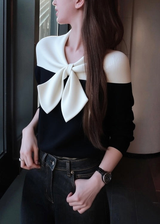 Slim Fit Black Bow Patchwork Knit Sweaters Winter