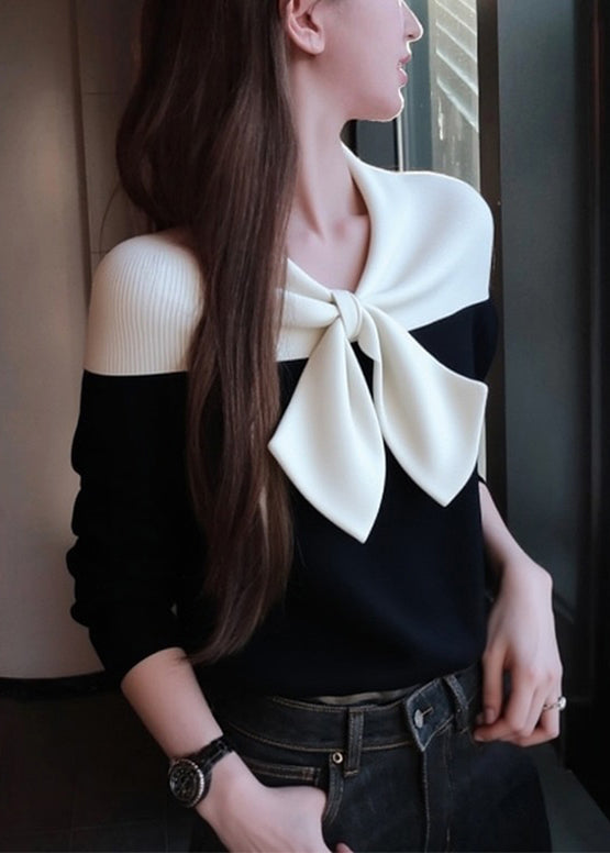 Slim Fit Black Bow Patchwork Knit Sweaters Winter
