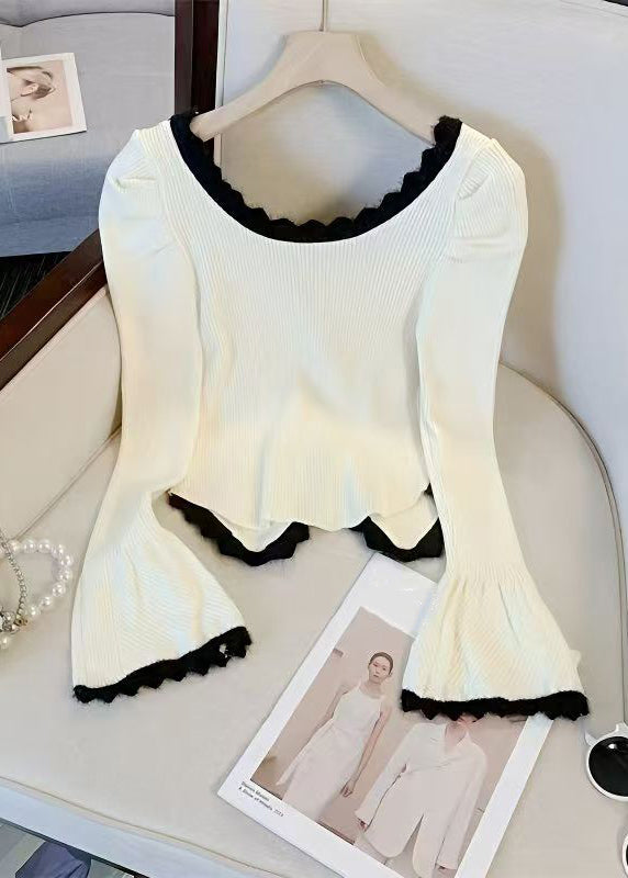 Slim Fit Black Button Patchwork Knit Sweater Flare Sleeve