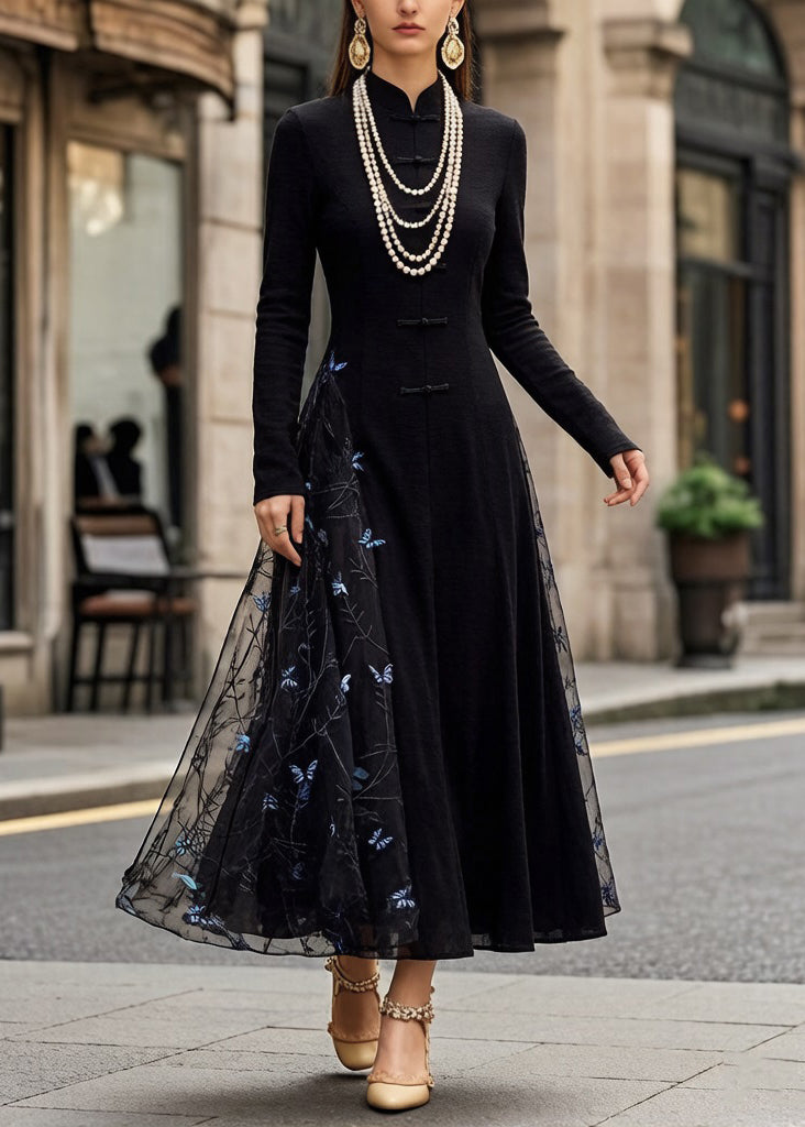 Slim Fit Black Chinese Button Butterfly Tulle Patchwork Long Dresses Spring - Omychic