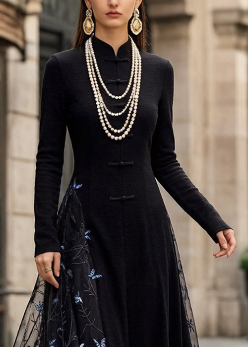 Slim Fit Black Chinese Button Butterfly Tulle Patchwork Long Dresses Spring - Omychic