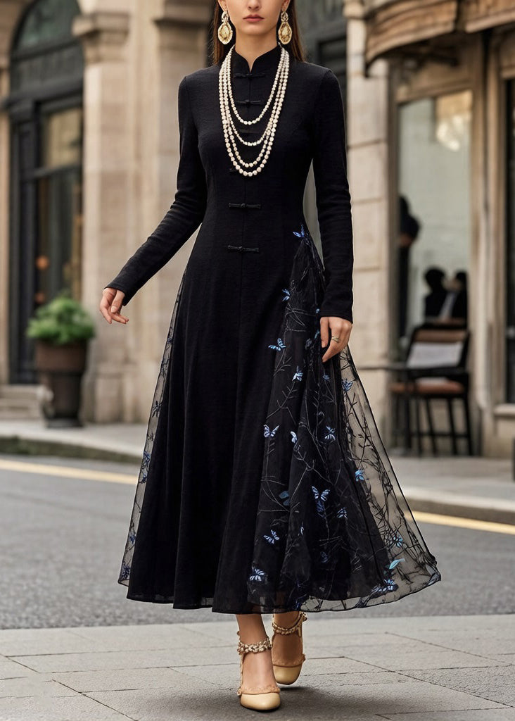 Slim Fit Black Chinese Button Butterfly Tulle Patchwork Long Dresses Spring - Omychic