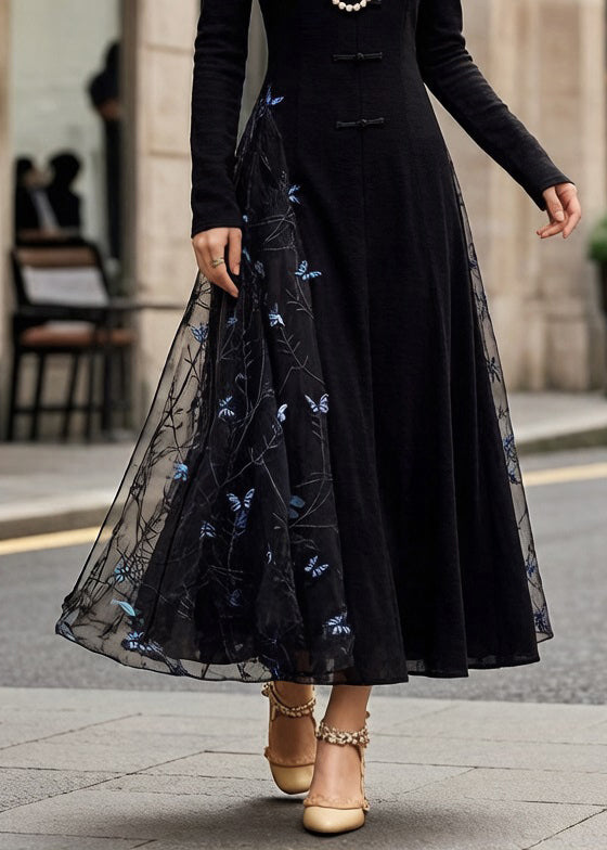Slim Fit Black Chinese Button Butterfly Tulle Patchwork Long Dresses Spring - Omychic