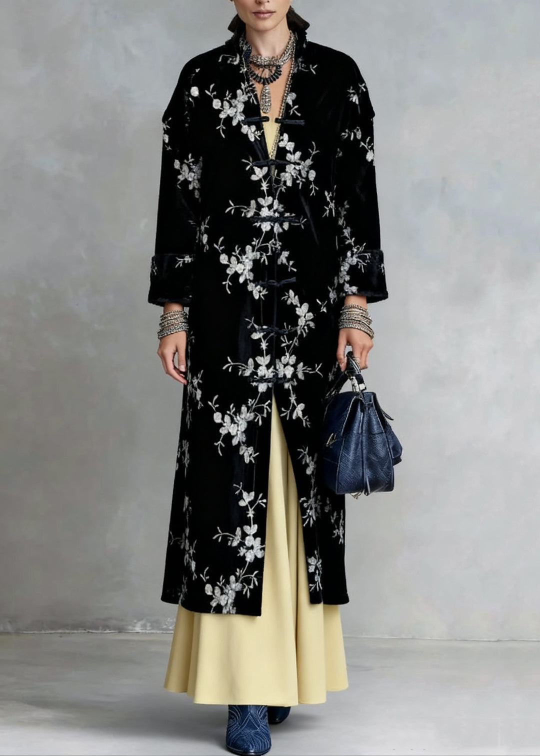 Slim Fit Black Chinese Button Print Silk Velvet Coat Spring