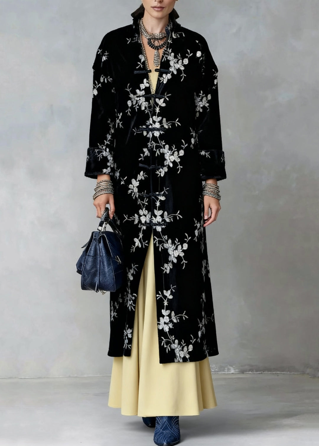 Slim Fit Black Chinese Button Print Silk Velvet Coat Spring