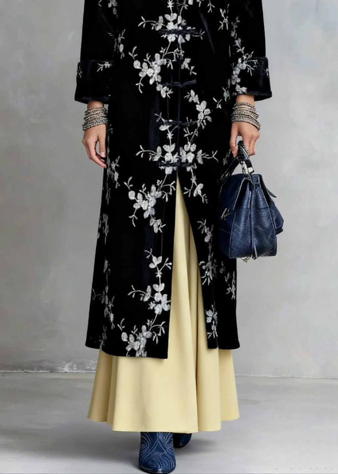 Slim Fit Black Chinese Button Print Silk Velvet Coat Spring