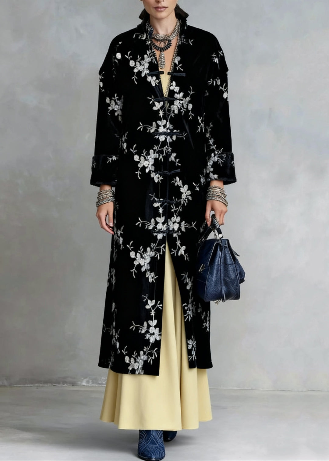 Slim Fit Black Chinese Button Print Silk Velvet Coat Spring