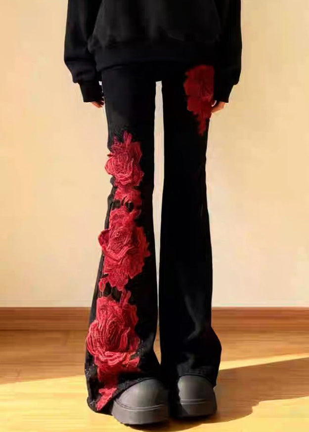 Slim Fit Black High Waist Roses Patchwork Denim Flare Bottoms Spring