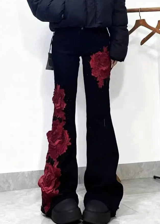 Slim Fit Black High Waist Roses Patchwork Denim Flare Bottoms Spring