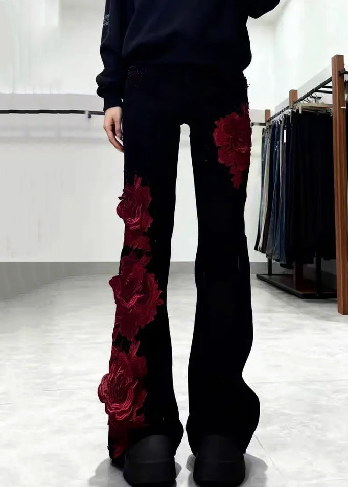 Slim Fit Black High Waist Roses Patchwork Denim Flare Bottoms Spring