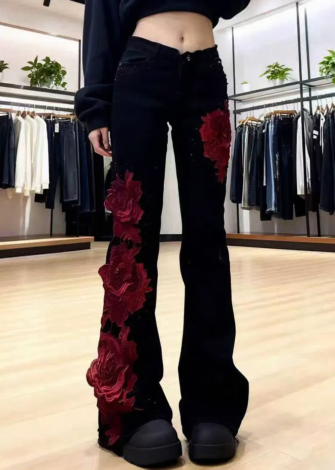 Slim Fit Black High Waist Roses Patchwork Denim Flare Bottoms Spring