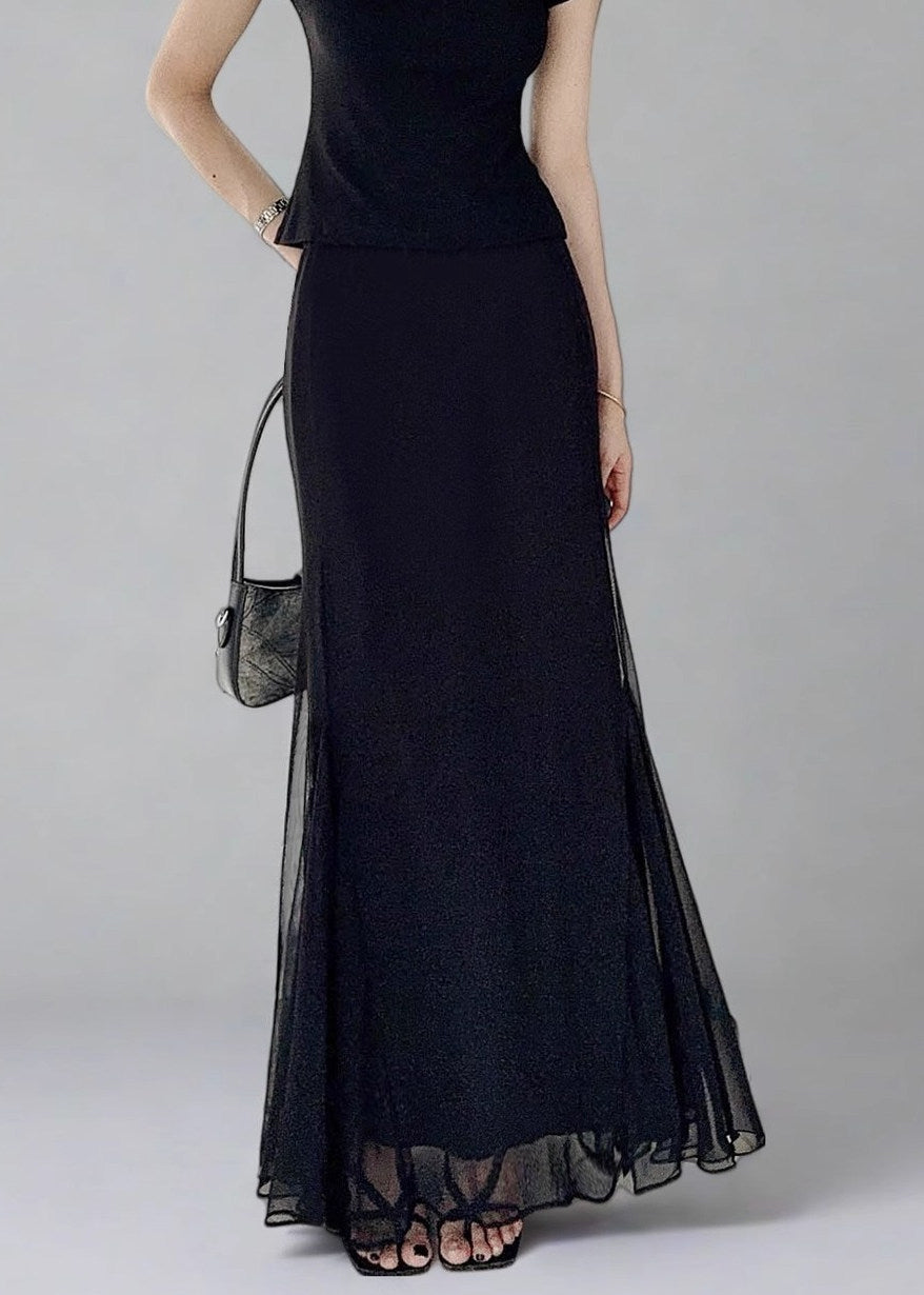 Slim Fit Black High Waist Solid Tulle Skirt Summer