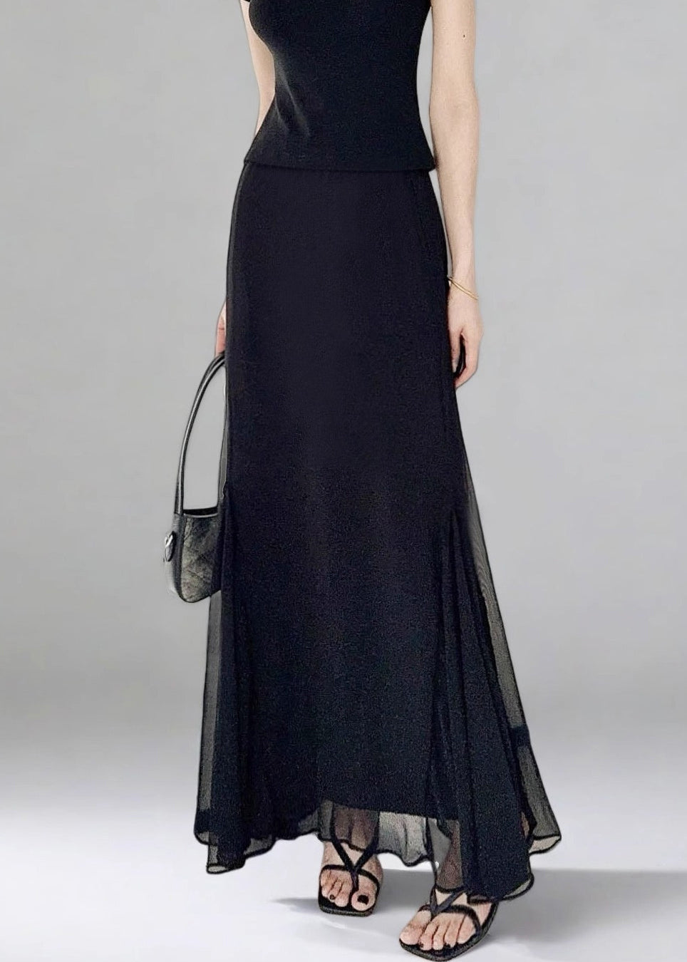 Slim Fit Black High Waist Solid Tulle Skirt Summer