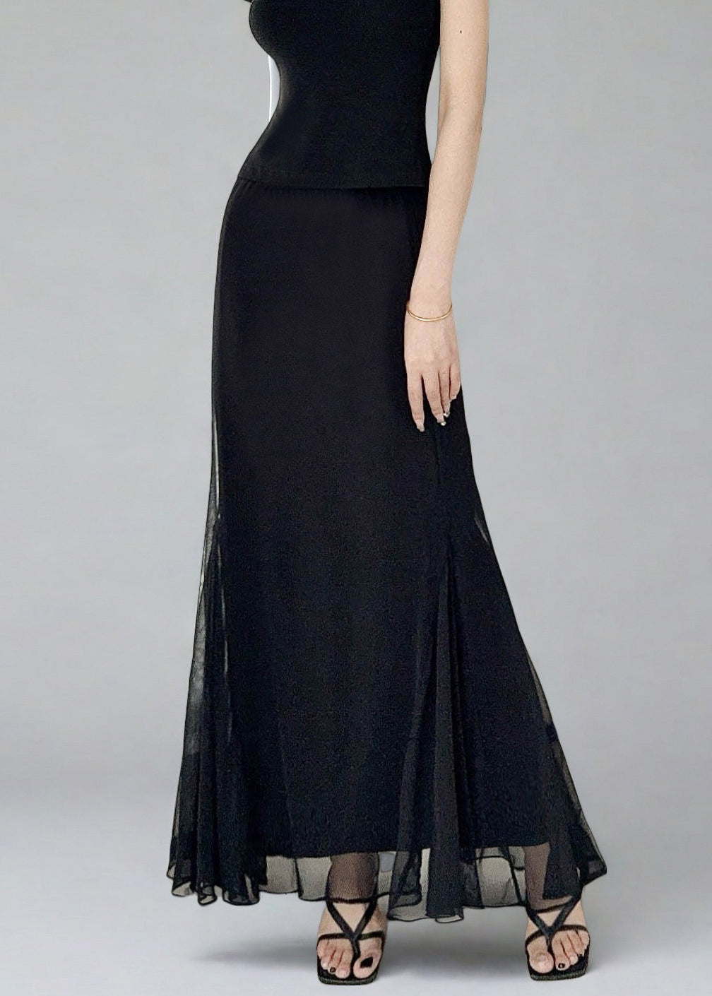 Slim Fit Black High Waist Solid Tulle Skirt Summer