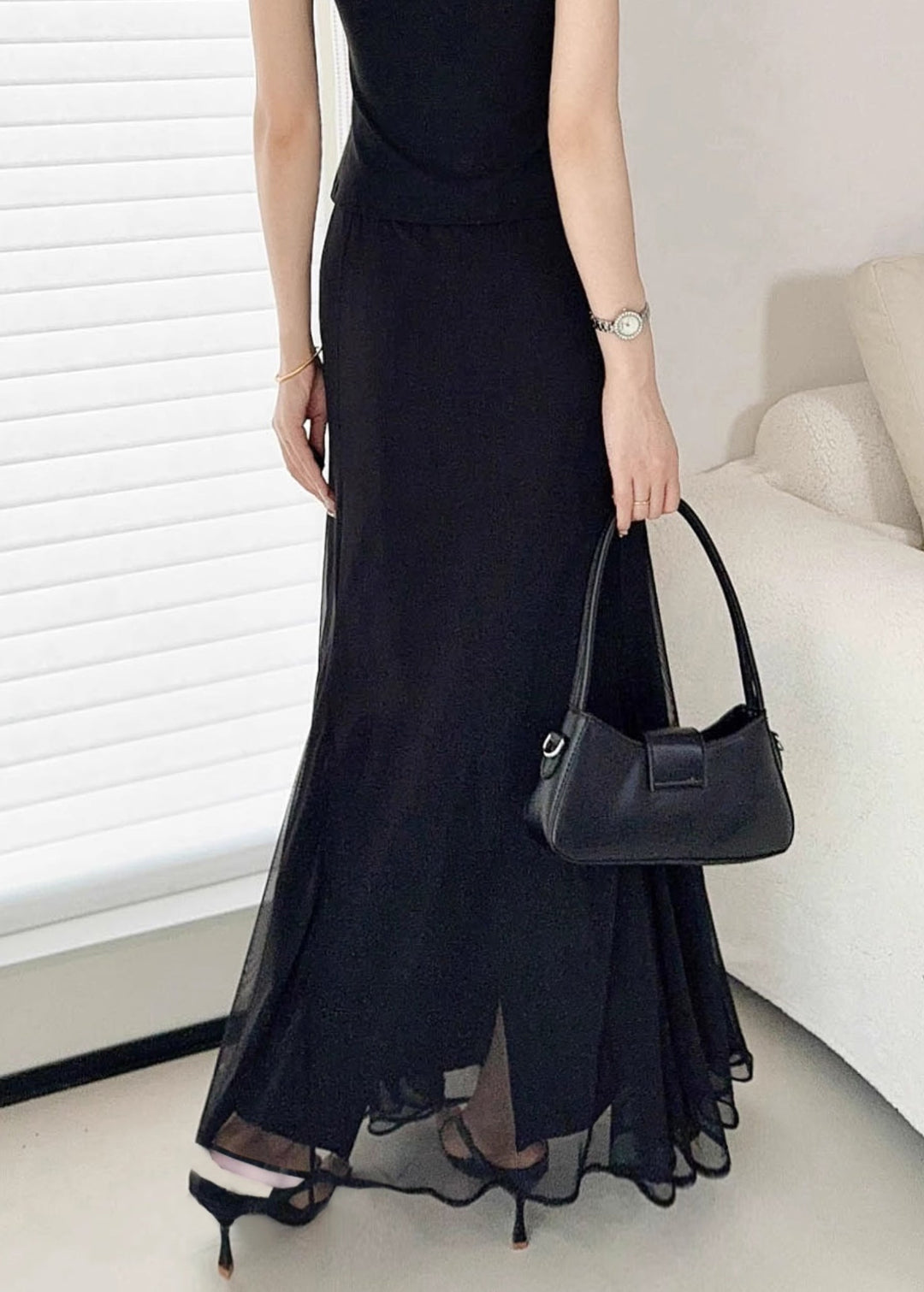 Slim Fit Black High Waist Solid Tulle Skirt Summer