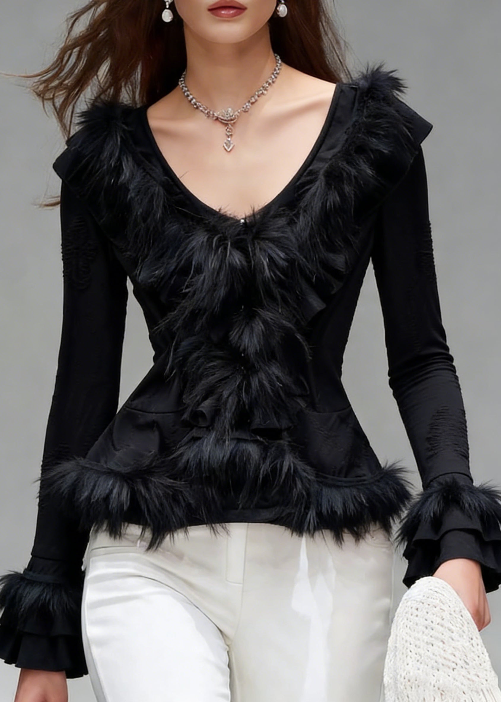 Slim Fit Black Hole Fluffy Patchwork Cotton Shirts Spring - Omychic