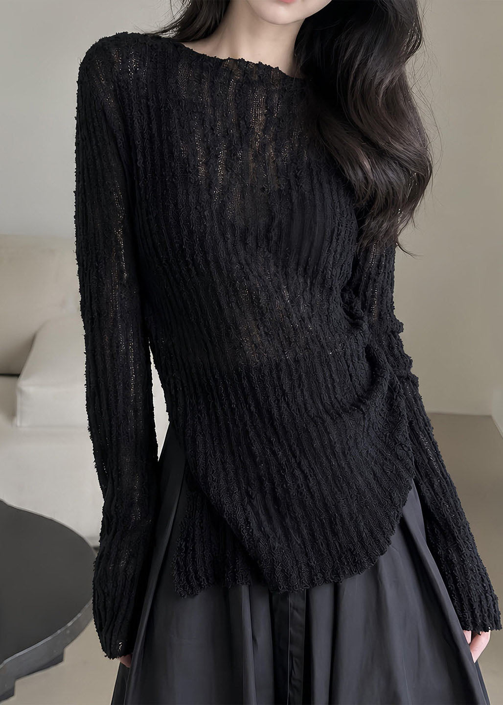 Slim Fit Black Hollow Out Cotton Knit Sweaters Long Sleeve