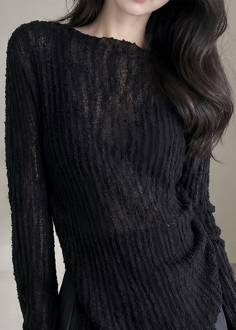 Slim Fit Black Hollow Out Cotton Knit Sweaters Long Sleeve
