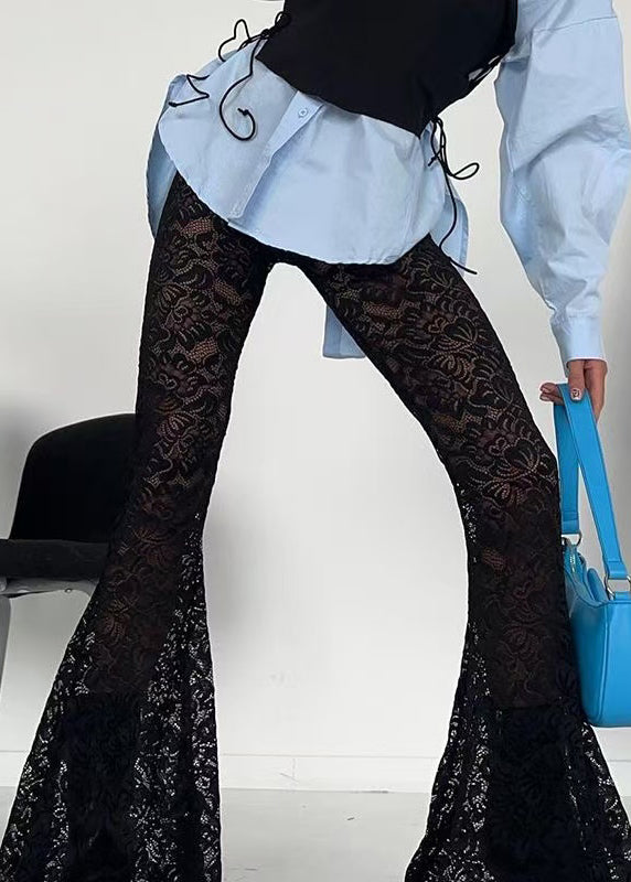 Slim Fit Black Hollow Out High Waist Lace Flare Bottoms Summer