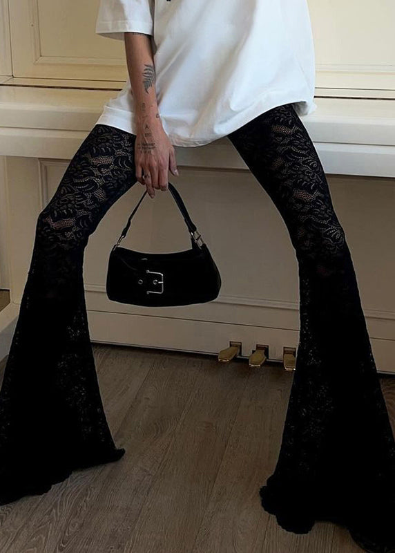 Slim Fit Black Hollow Out High Waist Lace Flare Bottoms Summer