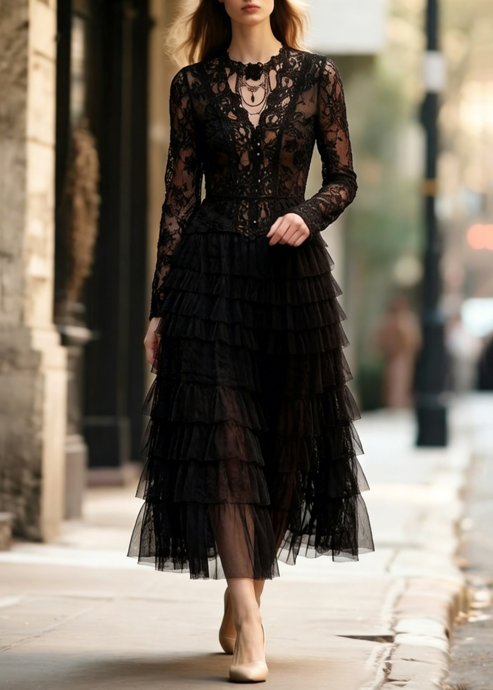 Slim Fit Black Hollow Out Lace Tops And Tulle Skirts Two Pieces Set Spring - Omychic