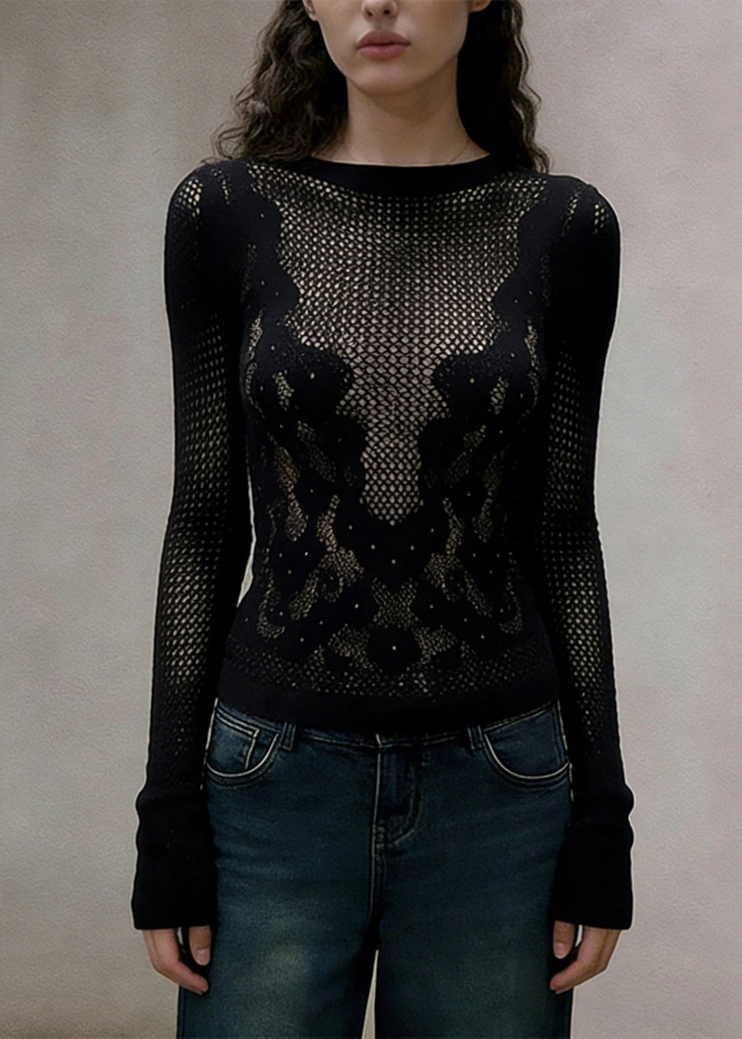 Slim Fit Black Hollow Out Solid Knitting Cotton T Shirt Spring