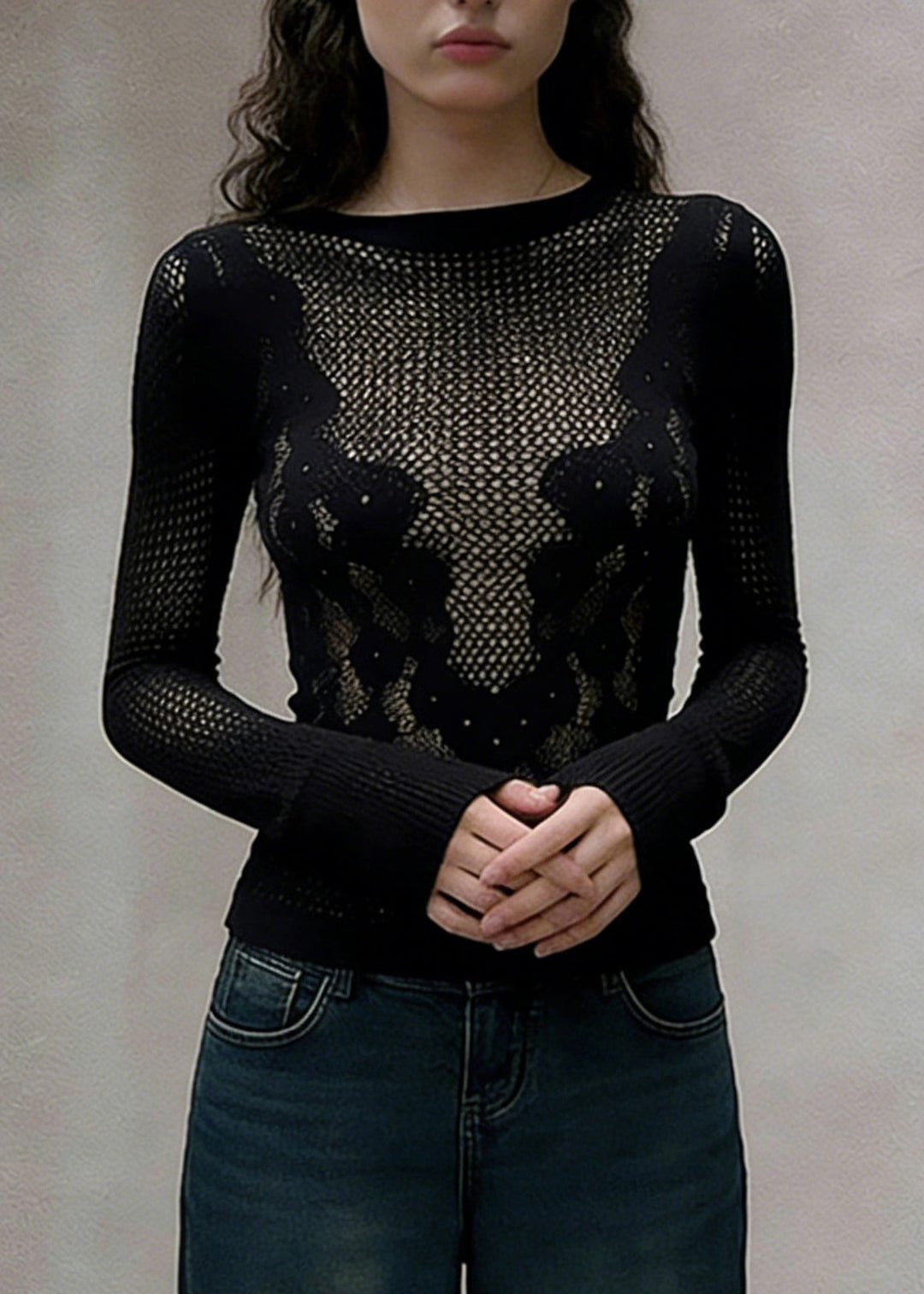 Slim Fit Black Hollow Out Solid Knitting Cotton T Shirt Spring