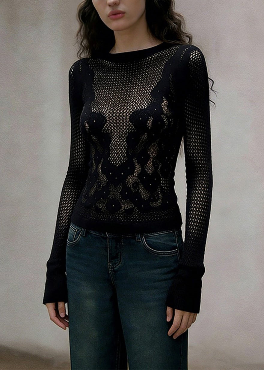 Slim Fit Black Hollow Out Solid Knitting Cotton T Shirt Spring