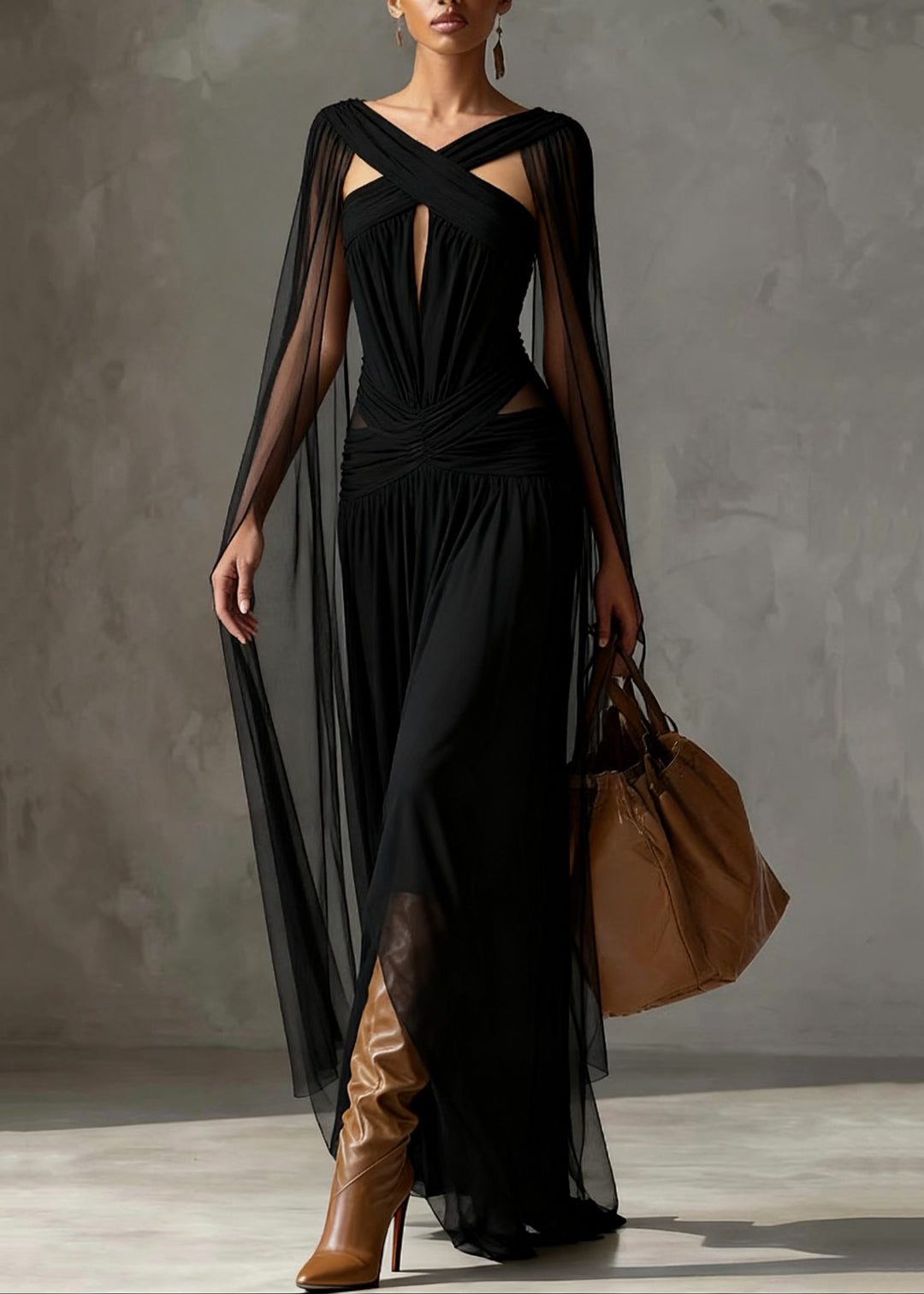 Slim Fit Black Hollow Out Wrinkled Tulle Party Dress Summer