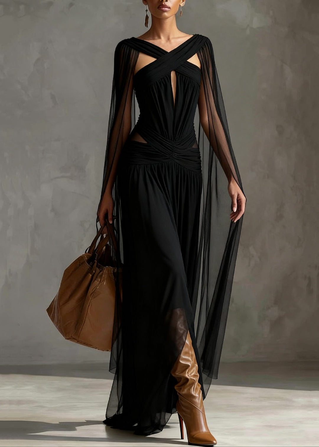 Slim Fit Black Hollow Out Wrinkled Tulle Party Dress Summer