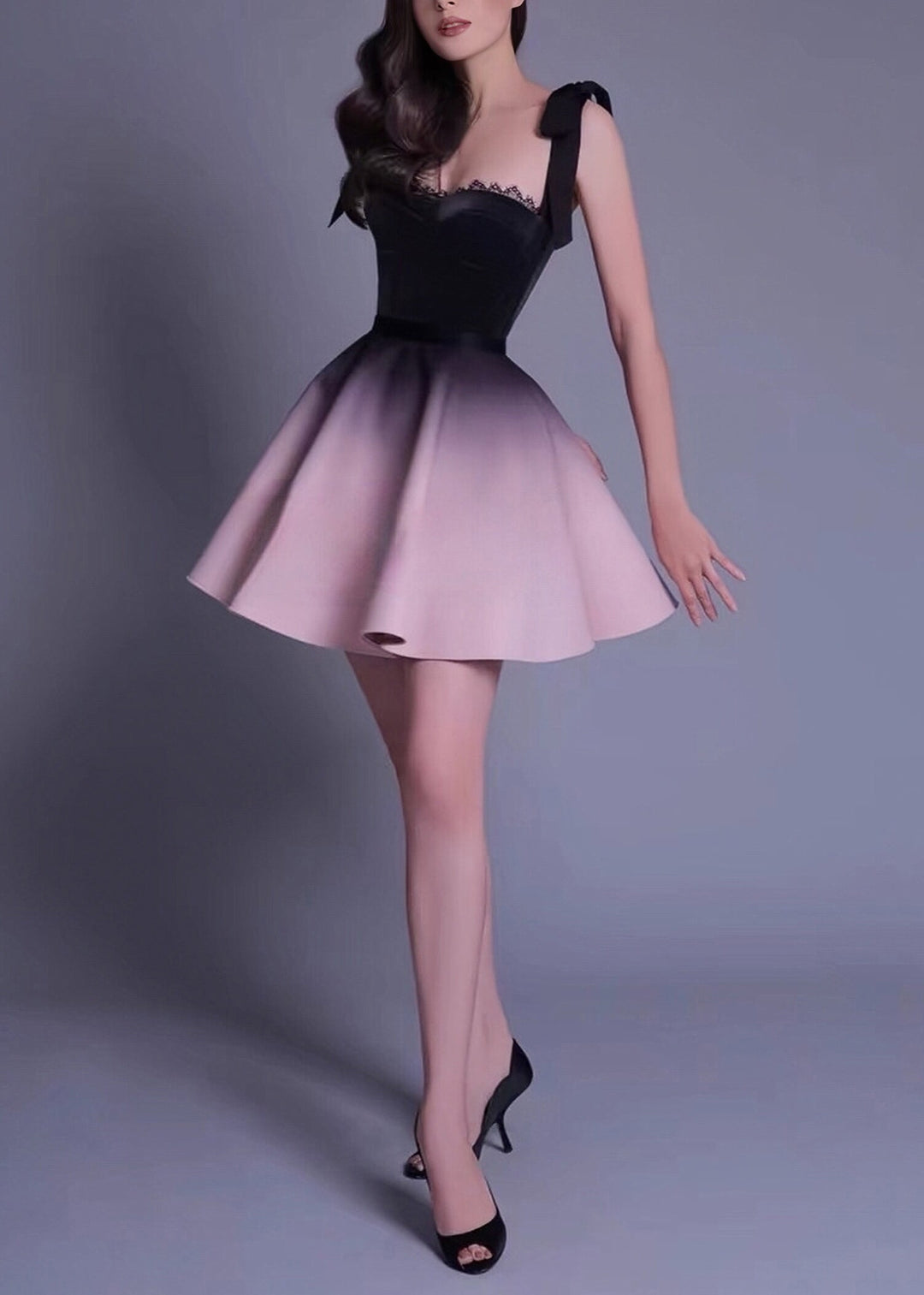 Slim Fit Black Lace Bow Silk Velvet Tank And Gradient Color Skirts Two Pieces Set Sleeveless