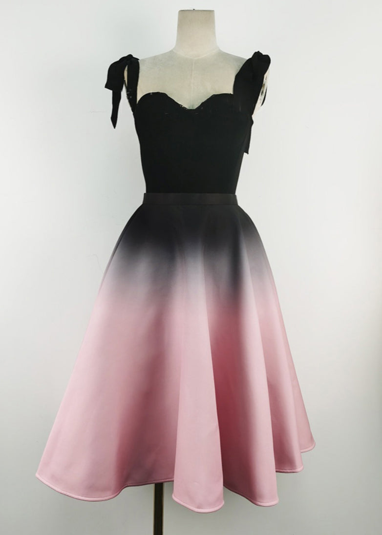 Slim Fit Black Lace Bow Silk Velvet Tank And Gradient Color Skirts Two Pieces Set Sleeveless