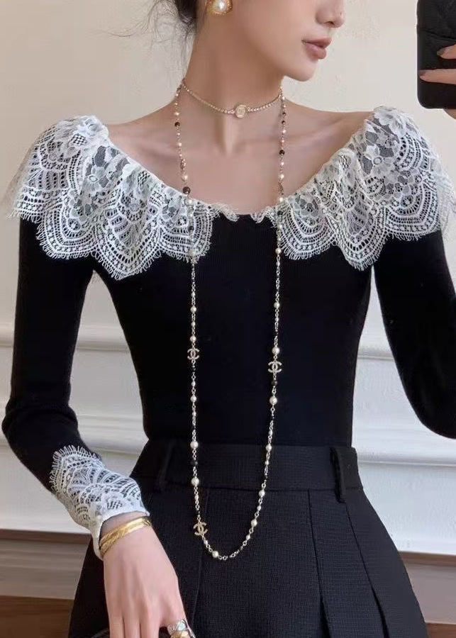 Slim Fit Black Lace Patchwork Cotton T Shirt Fall