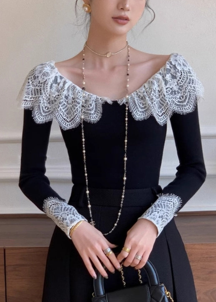 Slim Fit Black Lace Patchwork Cotton T Shirt Fall