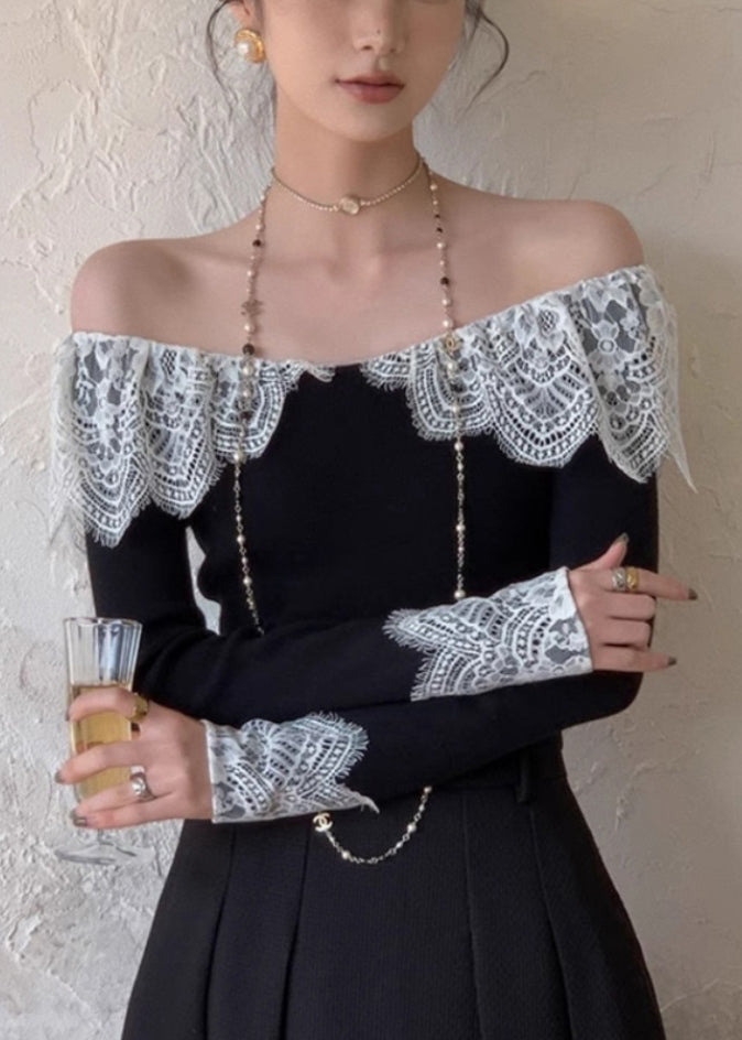 Slim Fit Black Lace Patchwork Cotton T Shirt Fall