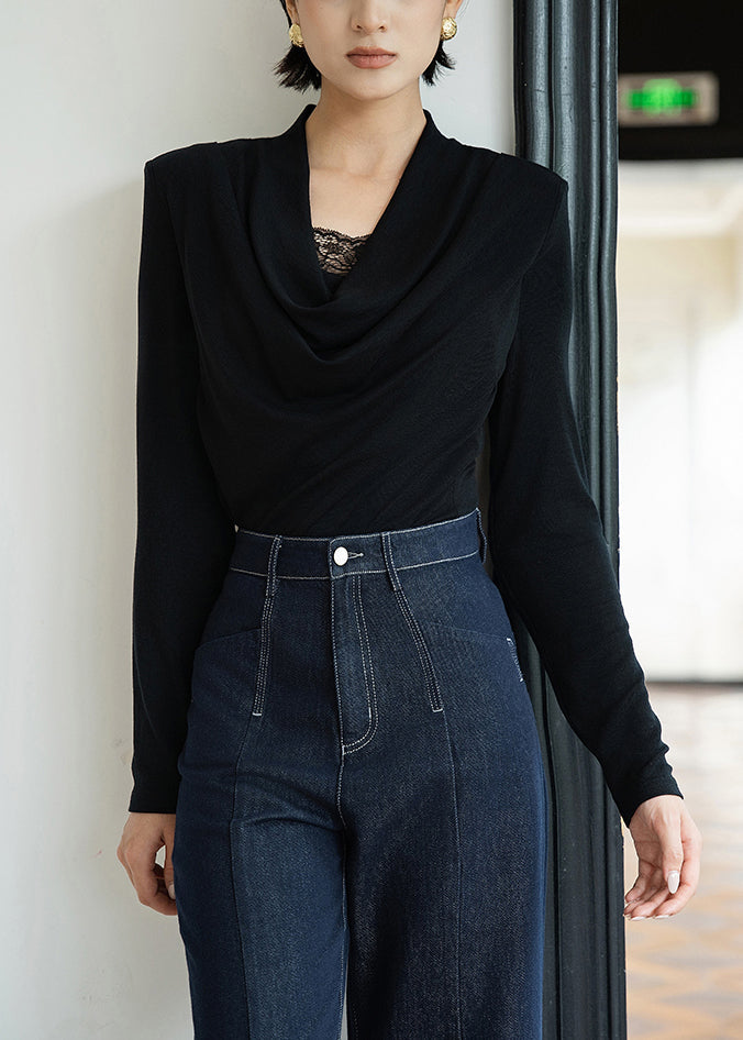 Slim Fit Black Lace Patchwork Solid Wool T Shirts Fall