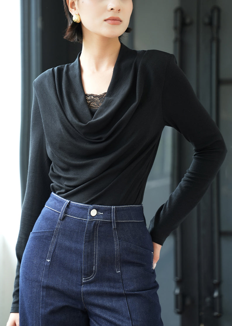 Slim Fit Black Lace Patchwork Solid Wool T Shirts Fall