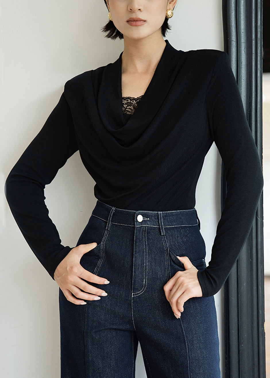 Slim Fit Black Lace Patchwork Solid Wool T Shirts Fall