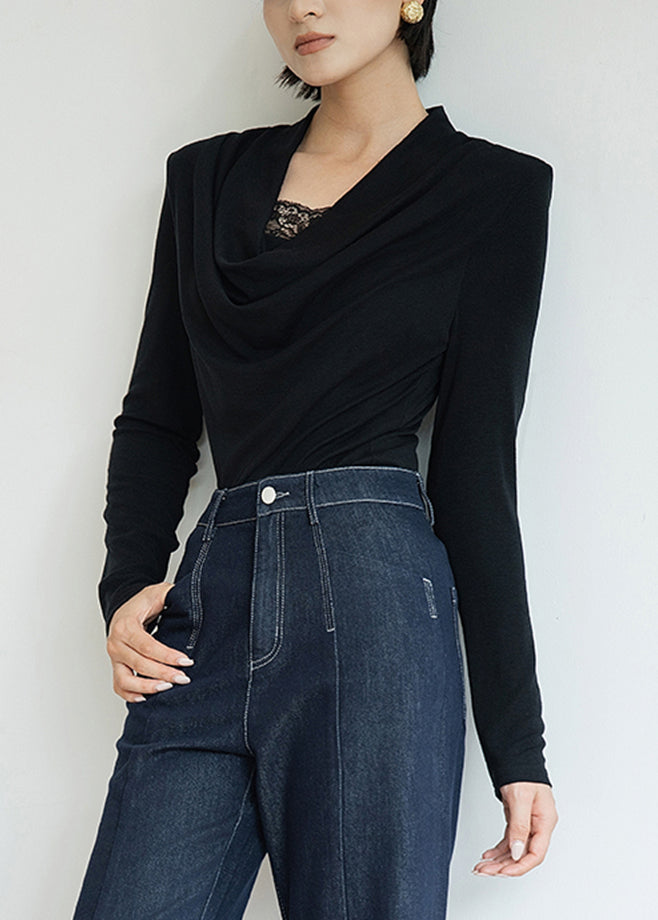 Slim Fit Black Lace Patchwork Solid Wool T Shirts Fall