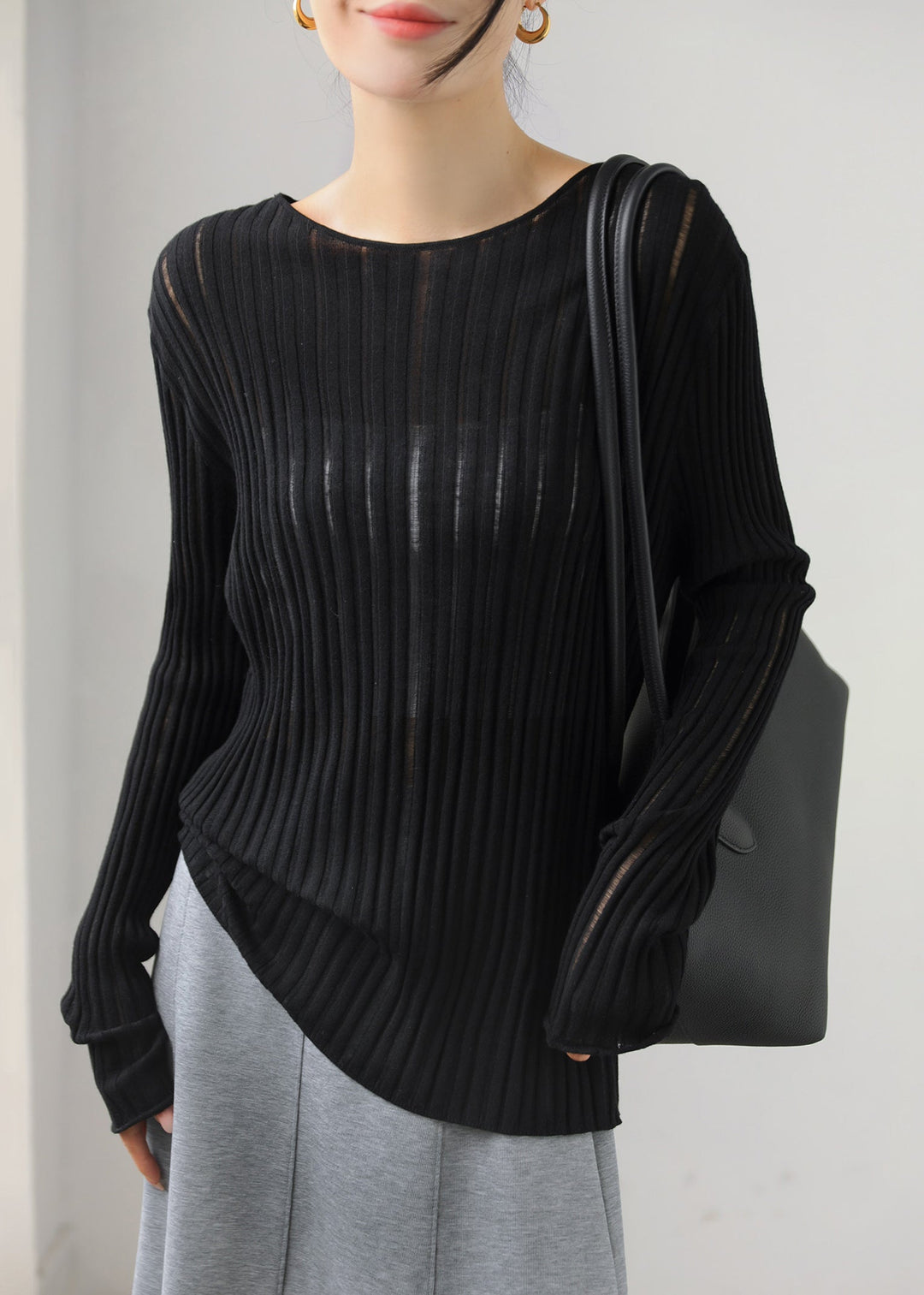 Slim Fit Black O-Neck Vertical Ribbed Sheer Knit Top Fall