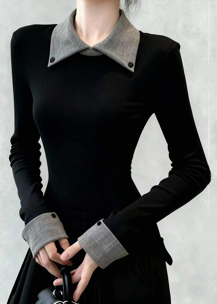 Slim Fit Black Peter Pan Collar False Two Pieces Patchwork Cotton T Shirts Spring