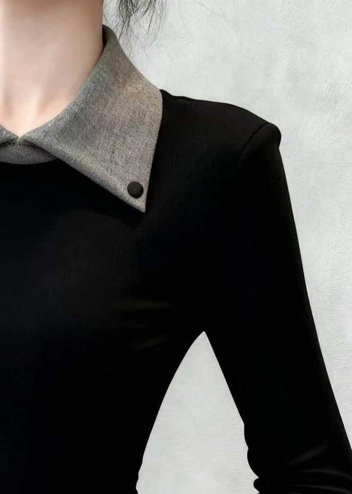 Slim Fit Black Peter Pan Collar False Two Pieces Patchwork Cotton T Shirts Spring